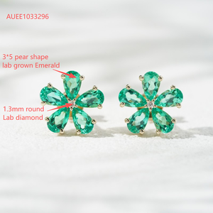 Pendientes Starsfine, Joyería Fina, Forma de Flor, Esmeralda de Laboratorio, Oro Amarillo de 10k, Pendientes de Botón - Product Image 4