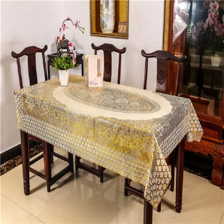 137*181cm factory supplier wholesale custom PVC lace table cloth gold printed plastic dining table cover roll