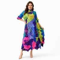 Robe longue plissée color block pour femme, col montant, manches trois quarts, coupe ample, grande taille, style Miyake, vente en gros