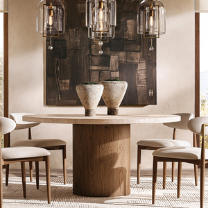 Table à manger ronde en <span class=keywords><strong>bois</strong></span> massif de style américain personnalisée Rhoohill, table à manger moderne de luxe avec plateau en travertin - Product Image 4