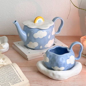 Cute cloud design ceramic teapot irregular coffee <b>cup</b> and <b>saucer</b> set hand painted porcelain tea set for women - Product Image 6