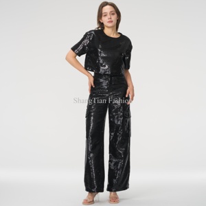 <span class=keywords><strong>Pantalon</strong></span> large à paillettes taille haute pour femmes de haute qualité <span class=keywords><strong>pantalon</strong></span> ample à paillettes noires - Product Image 4
