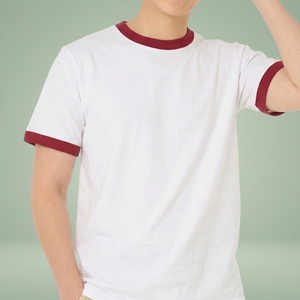 เสื้อยืดสีขาวชาย แขนสั้น แต่งขอบสีแดง คอกลม ทรงปกติ ผ้าฝ้ายถัก 100% สีพื้น ดีไซน์เรียบง่าย - Product Image 4