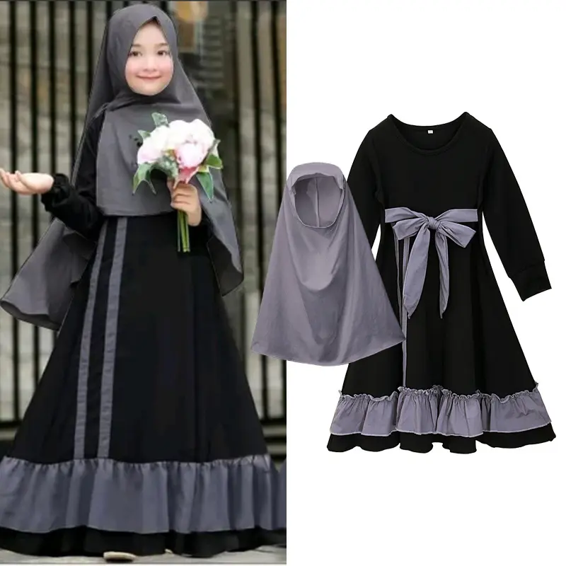 2 Stuk Kids Sets Zwart Abaya Met Grijze Hijab Remandan Eid Bay Hijab Abaya Jurk Voor Kinderen Meisjes Kleding Dragen