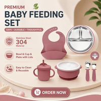 Ensemble d'ustensiles pour tout-petits en silicone et acier inoxydable : fourchette, cuillère, bavoir, bol, assiette avec couvercles, assiette à ventouse en silicone pour l'alimentation
