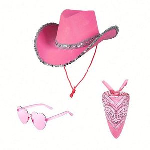 En stock : Ensemble de 3 chapeaux de cowboy/cowgirl blancs avec lunettes carrées et bordure argentée pour fête - Product Image 1