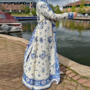 Robe longue kimono orientale de luxe pour femme, plissée, à devant ouvert, imprimé floral bleu chinoiserie, avec ceinture à nouer, manches longues, style modeste - Product Image 6