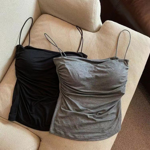 Corsé plisado elegante para la cintura - Top corto sexy sin mangas con tirantes finos, soporte suave y almohadillas fijas en el pecho, color liso - Product Image 2