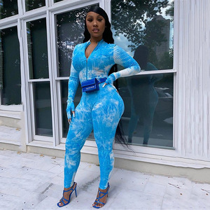 Combinaison zippée côtelée tie-dye pour femme, taille haute, extensible, style décontracté streetwear - Product Image 2