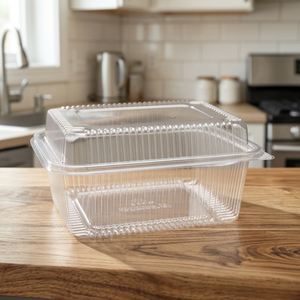 Boîte à charnière en PET recyclé éco-responsable transparente comme du cristal, capacité 2250 ML / 76 OZ, conteneur de boulangerie personnalisable, vente en gros - Product Image 5