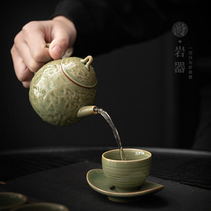<b>Ceramic</b> Teapot Round Retro Green Bamboo Glaze With Lid Kung Fu <b>Tea</b> Set Household Single <b>Pot</b> - Product Image 2