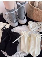 Nouvelle Arrivée WJN – Chaussettes mi-mollet respirantes en coton sans couture pour femme, style JK Lolita, avec bordure bouffante et nœud en ruban, pour usage quotidien