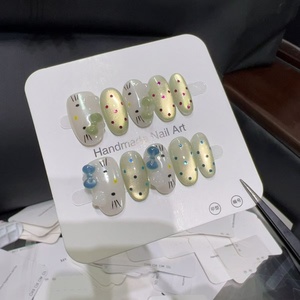 Faux ongles à presser faits à la main, motif chat KT <span class=keywords><strong>bleu</strong></span>-<span class=keywords><strong>vert</strong></span>, style français, nœud 3D, couverture complète avec colle, art des ongles mignon et dessin animé - Product Image 5