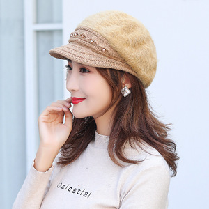 Women's Winter Knitted Hat Fleece Lined Warm Rabbit Fur Cap For Middle Aged And Elderly 56-58Cm Light Beige - Product Image 3