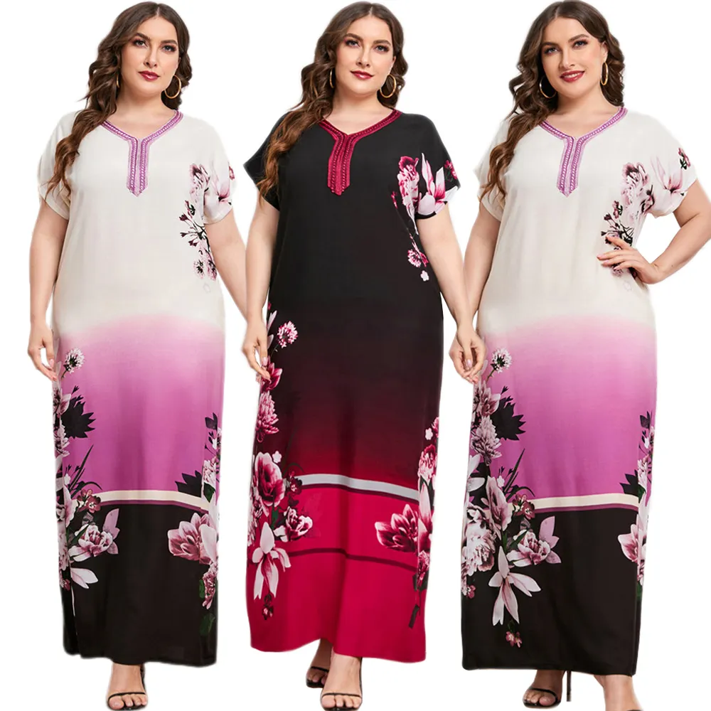 Плюс размер, накидка, Восточный халат для женщин короткий рукав макси платье с цветочным принтом для девочек длинные джилбаба вечернее платье арабское одеяние Дубай шифон Абая Абайи
