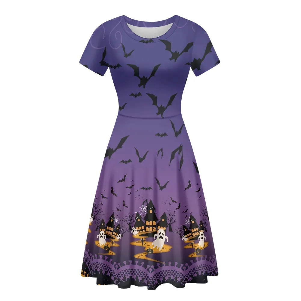 Short Sleeve Halloween Skull Print Long Dress 4XL Vintage Elegant High Waist Cheap Dropship Shirt Dress