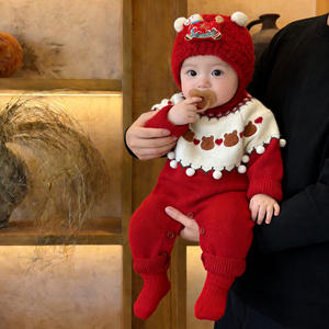 Vêtements pour bébé, combinaison en acrylique rouge pour l'hiver, style occidental, adorable pull en tricot avec petit ours, <span class=keywords><strong>tenue</strong></span> pour bébé d'un mois - Product Image 1