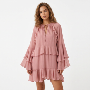 Ropa de Mujer, Nuevo Vestido Corto con Cuello de Lazo Francés y Mangas de Trompeta con Volantes para Otoño - Product Image 1