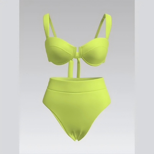 Chic Elegant Ribbed Lace-Up Underwire Push-Up High-Waisted Bikini Set with <b>Back</b> <b>Tie</b> for Flattering Silhouette - Product Image 1