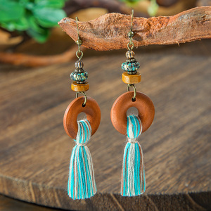 Wood Tassel <b>Drop</b> Earrings Antique <b>Bronze</b> Plated Bohemia Style For Women Party Fashion Jewelry - Product Image 1