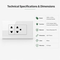 Placa de Alimentación de Pared de Montaje Oculto Kolani 120 de Doble Módulo, Enchufe de 2 Orificios y Tomacorriente Universal Multifunción de 3 Pines, Panel de PC Blanco Brillante