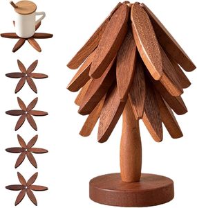 GHP Custom Wooden Trivets Tree Shape Cosaters for Hot Dishes Beech Walnut Wood <strong>Table</strong> Mat <strong>Set</strong> with Stand - Product Image 1