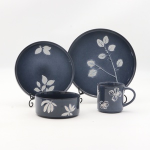 Bóng tối màu xanh phản ứng men gốm Bộ bữa ăn tối thanh lịch hoa lụa in bít tết mì ống tấm Bát súp và cốc Bộ đồ ăn - Product Image 2