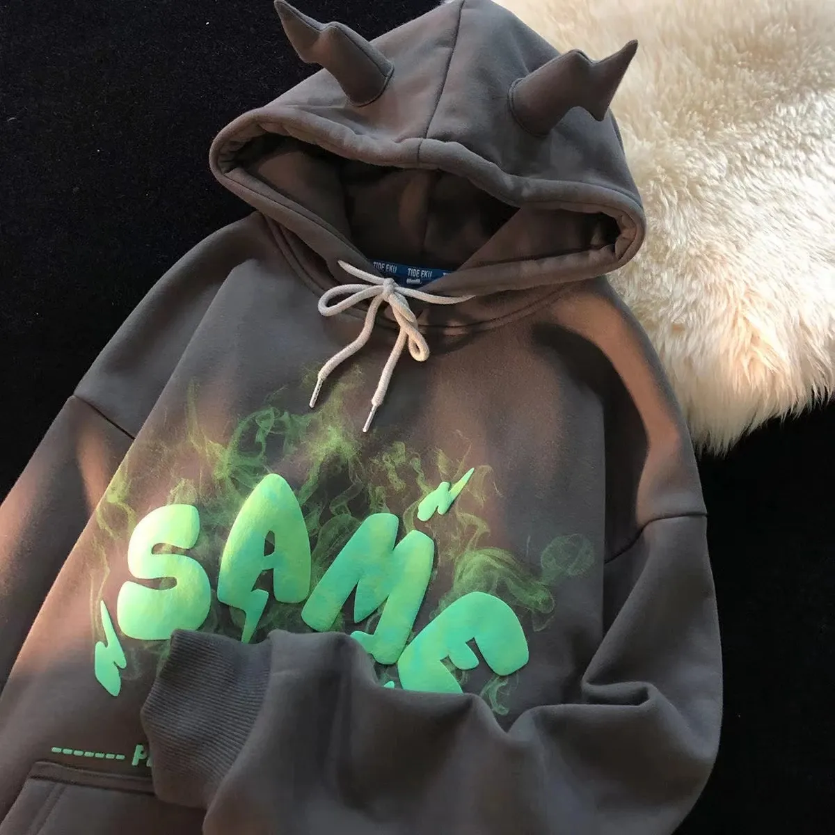 Fashion Hoodie Iblis Kecil Pria, Hoodie Pullover Angin Longgar, Hoodie Motif Huruf Desain Tanduk Sapi Wanita, Hoodie Angin Longgar Pria dan Wanita 2022