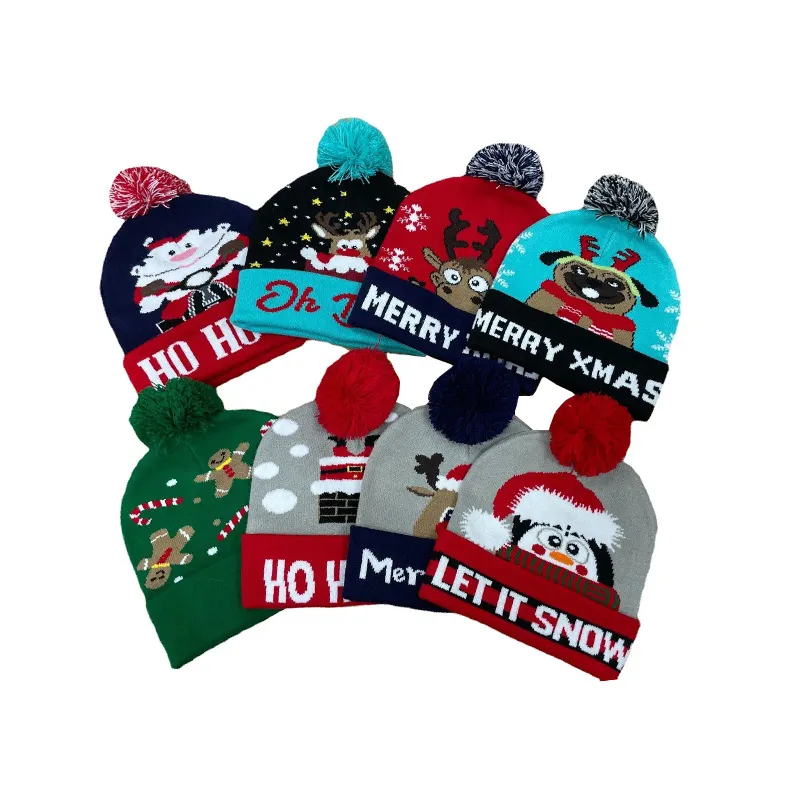 Dibujos animados Impreso vacaciones invierno al aire libre Adultos tejido Pom LED Navidad Beanie sombreros