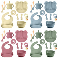 Ensemble de vaisselle en silicone pour bébé, 10 pièces, assiette en forme d'ours, bavoir en silicone de qualité alimentaire, bol, cuillère, fourchette, tasse à bec, ensemble d'alimentation pour nourrissons