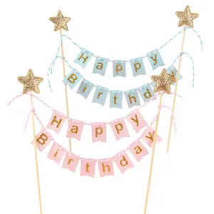 felice torta di compleanno lettering Suppliers-Festa di compleanno Cake Decorating Happy Birthday Paper Cake Toppers Glod Glitter Letters and Love Stars
