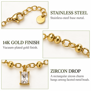 Rectangular Zircon Drop <b>Bracelet</b>, Stainless Steel with Faceted Metal <b>Beads</b>, Gold and <b>Silver</b> Colors - Product Image 4