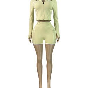 2025 nuova moda sport <span class=keywords><strong>Casual</strong></span> 2 pezzi Set per <span class=keywords><strong>donna</strong></span> giacca a maniche lunghe con Zip + completo Shorts - Product Image 2