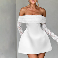 Robe Courte Femme Épaules Dénudées en Dentelle Florale à Manches Longues, Robe de Soirée Structurée en Satin Coupe Trapèze, Personnalisation OEM ODM