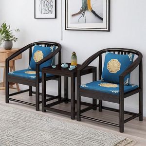 Chinese Style Solid Wood Armchair Set 3 Pieces Living Room <b>Study</b> Chair With Blue Cushion And Yellow Pillow - Product Image 3
