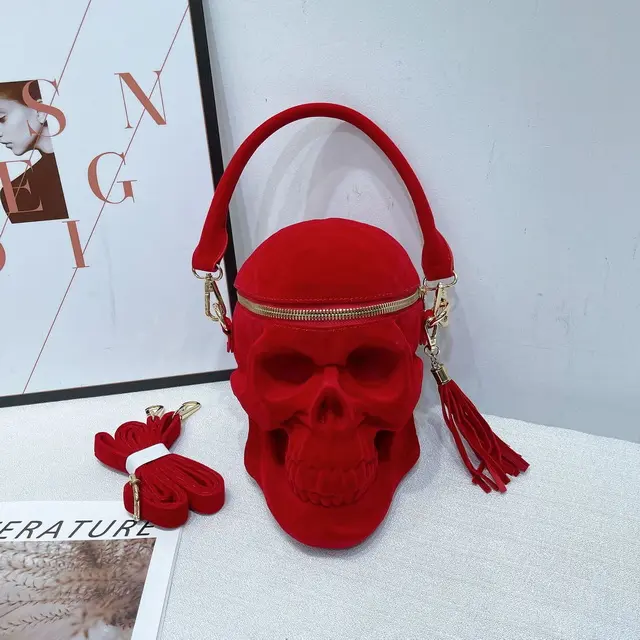 3D Skull Shoulder Crossbody Bag Flocking Red Hand bags For Women Men Fashion Street Zipper Punk Halloween Bag
