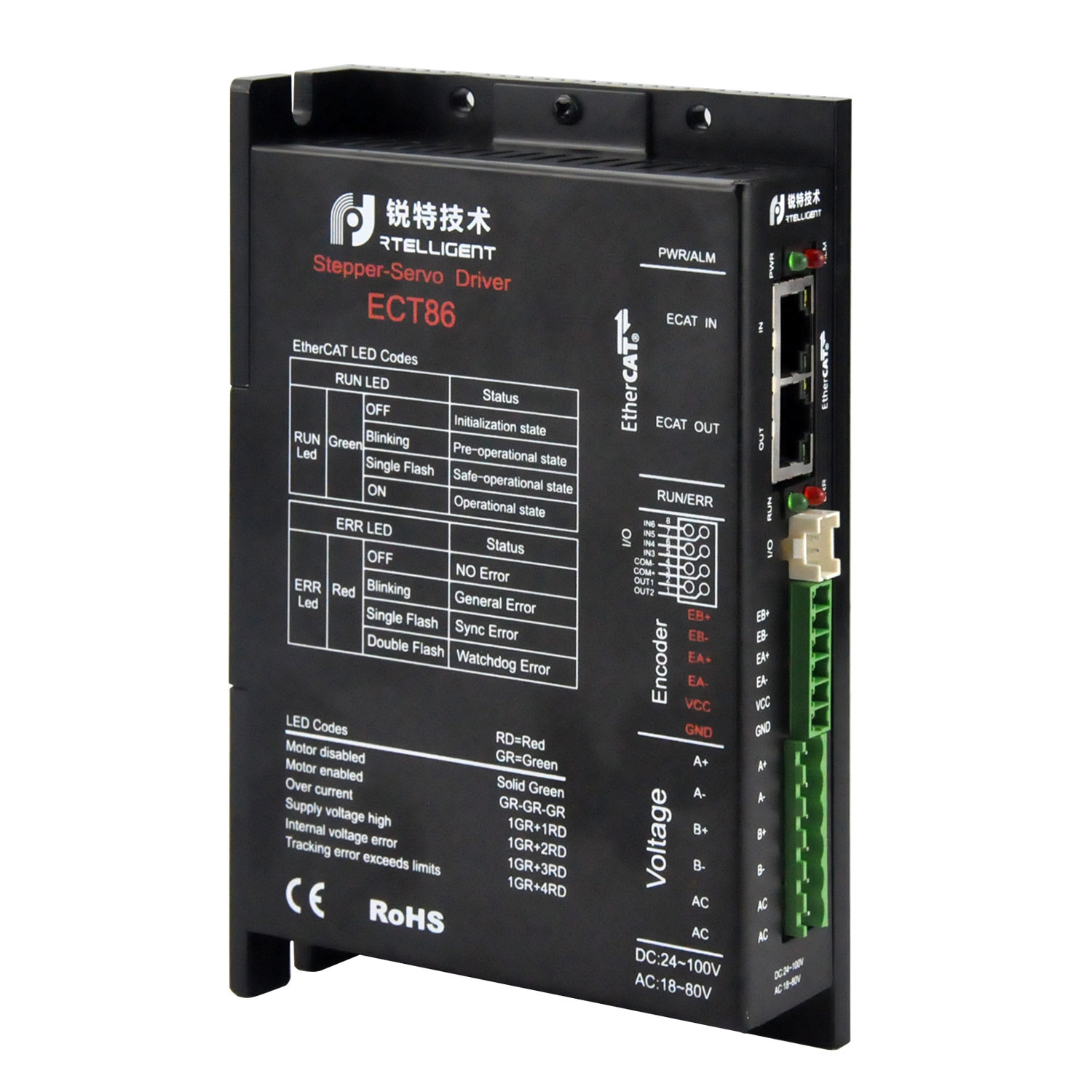 Rtelligent ECT86 EtherCAT Драйвер шагового двигателя Nema 34 замкнутый контур 24-100VDC 18-80VAC для 2/3 фазы поддержка PP PV со светодиодными кристаллами, HM режим