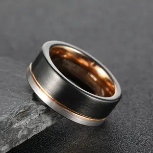 Cincin Pernikahan karbida baja Tungsten hitam 6mm/8mm trendi cincin pernikahan baja tahan karat tiga warna Matte untuk pria pita pernikahan pria