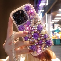 Coque de téléphone de luxe antichoc en TPU avec motif floral et diamants scintillants pour iPhone 11-16 Pro Max