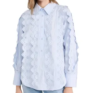 Nueva moda mujer personalizada manga larga con puños de botón Top camisa festoneado ajuste ojal bordado blusa de algodón suave