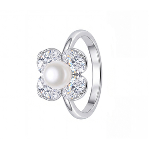 Anillo de Cobre con Cuatro Pétalos de Flor, Perla de Concha y Circonitas, Elegante Joyería de Perlas con Gran Racimo de Circonitas para Mujer, Boda, Compromiso - Product Image 1