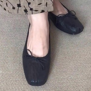 Genuine Leather Square Toe Ballet Flats Black <b>Soft</b> Sole With Bow Women's Slip-On Flat <b>Shoes</b> All Seasons - Product Image 3