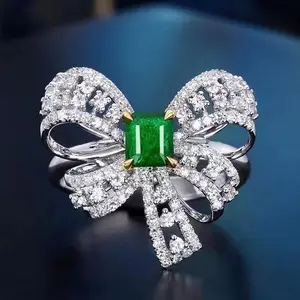 Sgarit Edelsteenring Vlinderdas Nieuwe Sieraden Natuurlijke Sterling Nail Ring Levendige Groene 0.3ct Emerald Met Zuid-afrika Diamond