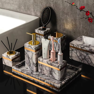 SAIDKOCC <span class=keywords><strong>Set</strong></span> di Accessori da <span class=keywords><strong>Bagno</strong></span> di Lusso in Marmo Lilla, Dispenser per Sapone, Portaspazzolino, Portasapone e Vassoio in <span class=keywords><strong>Pietra</strong></span> - Product Image 5