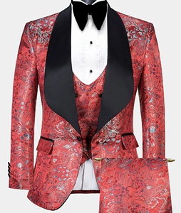 Costume de bal personnalisé, smoking classique de <span class=keywords><strong>mariage</strong></span> pour hommes, smoking <span class=keywords><strong>chic</strong></span> à fleurs rouges, costumes pour hommes 3 pièces - Product Image 1