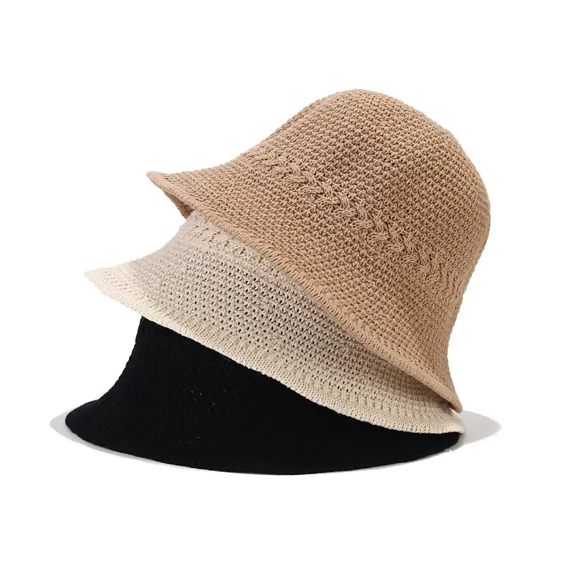 2024 New Hollow out breathable knitted Bucket Sun Visor Hat Women's Straw Wide Brim Roll Up Ponytail Summer Beach Cap