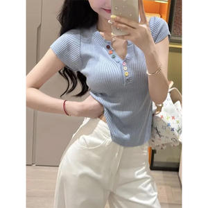 เสื้อผ้า Y2K สไตล์เกาหลีเสื้อยืดถักติดกระดุมสำหรับผู้หญิงเสื้อยืดคอวีแขนสั้นแบบบางยืดหยุ่นได้สำหรับผู้หญิง - Product Image 6