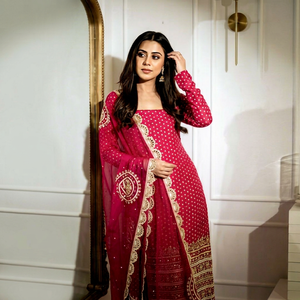 Robe de mariée indienne et pakistanaise traditionnelle rose brodée pour femme, longueur ras du sol, en polyester, coupe régulière, extensible, tout inclus - Product Image 1