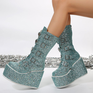 Nuovo arrivo scarpe glitterate con cerniera autunno inverno con cerniera spessa con zeppa goth rosa <span class=keywords><strong>blu</strong></span> <span class=keywords><strong>stivali</strong></span> alti al ginocchio da <span class=keywords><strong>donna</strong></span> - Product Image 6