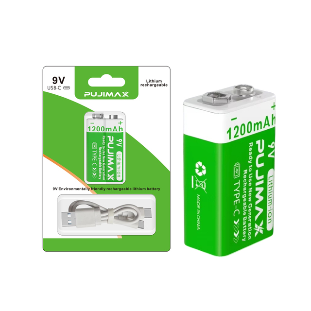 PUJIMAX Durable 9V Battery 1200mAh Portable Rechargeable Lithium Ion Batteries with Type-c USB Charging Port for Long-term Use